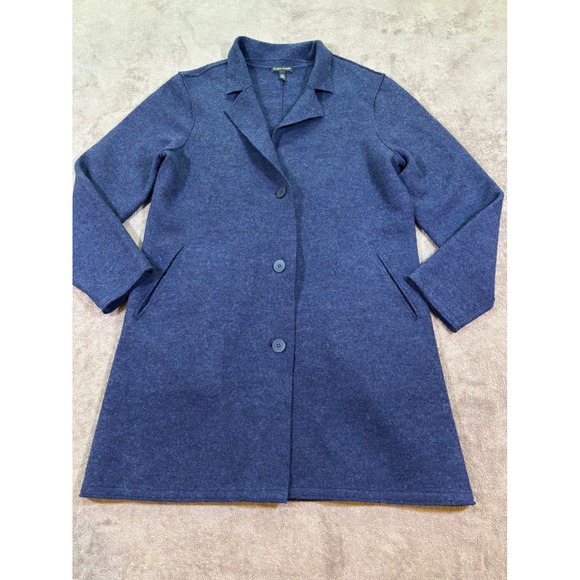 Eileen Fisher Jackets & Blazers - Eileen Fisher Women Blue Wool Notched Lapel Button Front Sweater Coat Size S